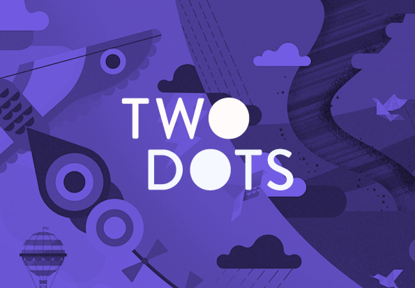 Two Dots logo with violet background that has many different sky-themed drawings of clouds, hot air balloons or kites.